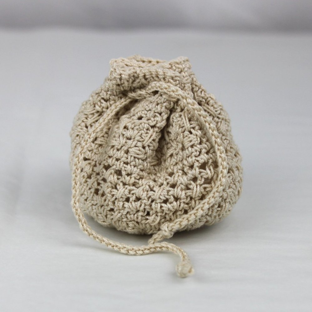 Mini Cream Crocheted Drawstring Pouch Bag